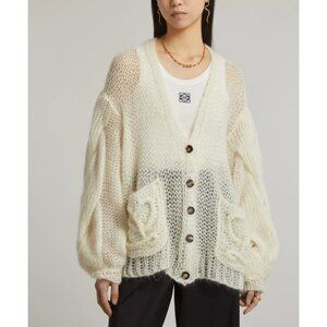 Loewe Anagram Mohair Cardigan Open Knit Balloon Sleeve Oversized Ivory Large